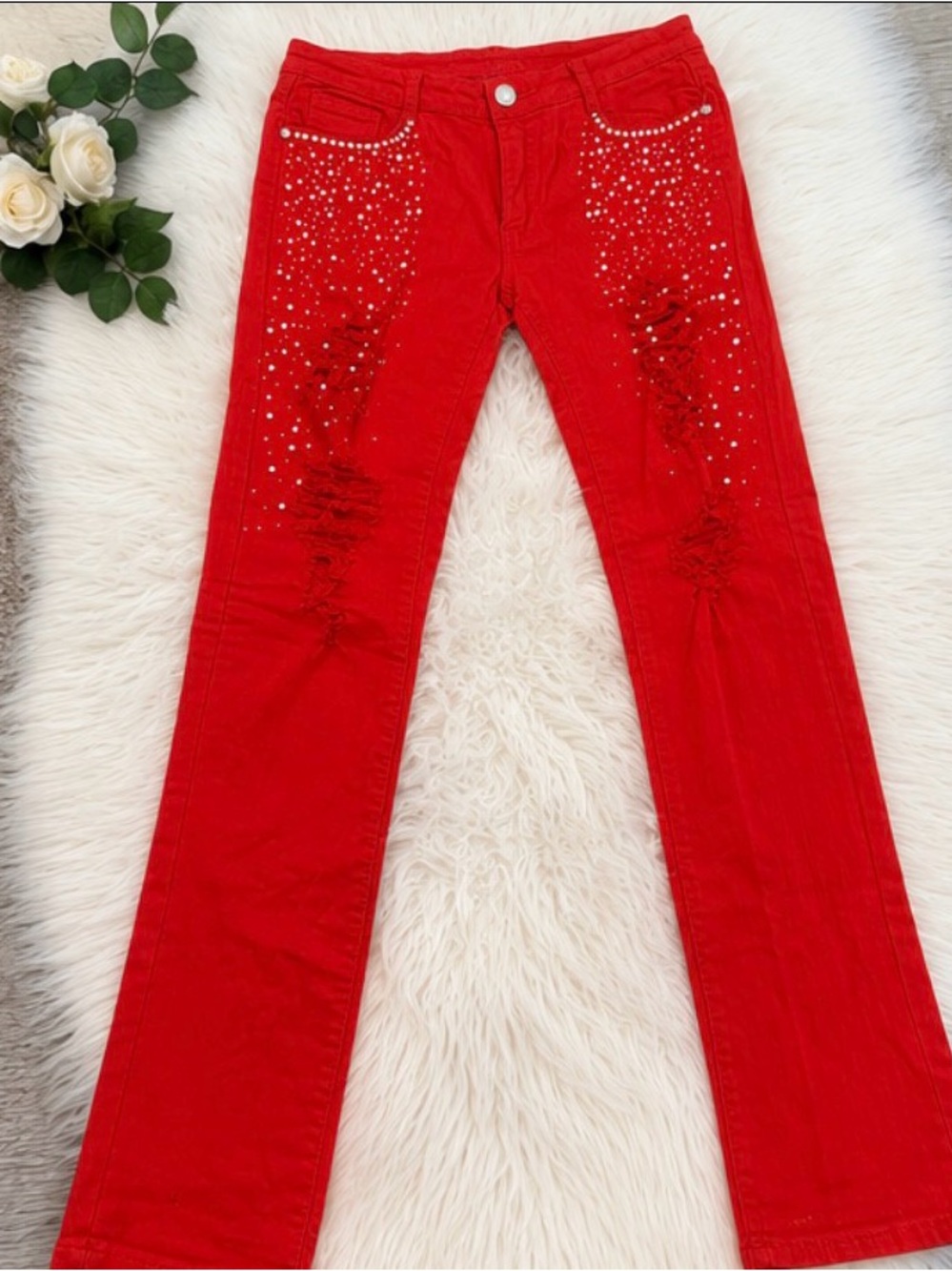 Machine Red Skinny Jeans with Crystal Embellishments